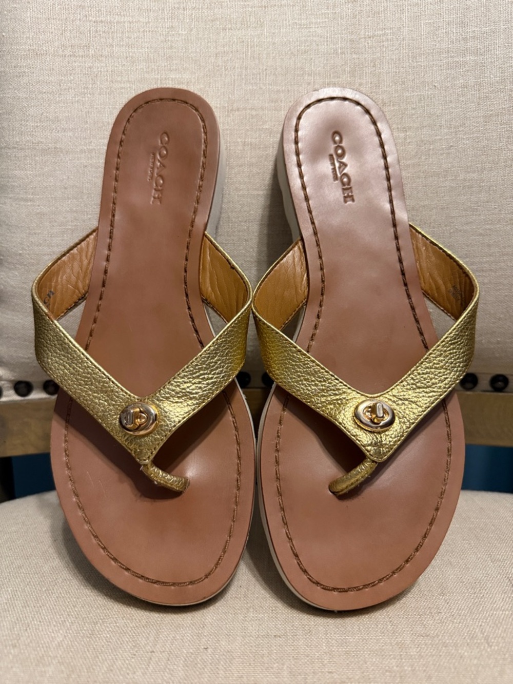 Coach Metallic Gold Leather Thong Sandals, Size 7B
